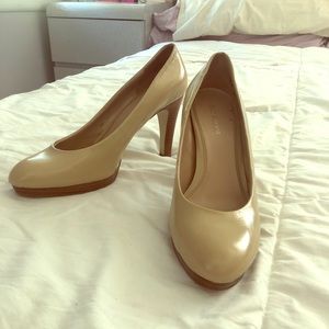 Tan leather with wood stacked heels